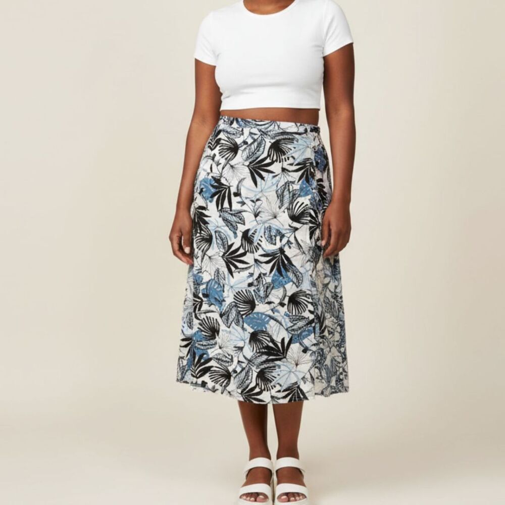 Vintage CJ Banks Midi Wrap Skirt Flowy Leaf Tropical Blue Beach Linen Women 18W